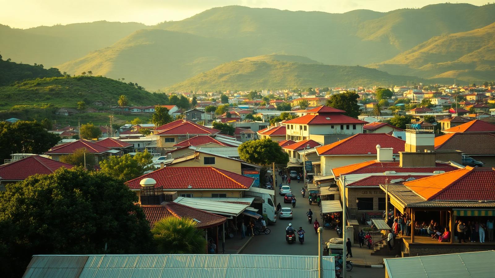 Vue de Yaoundé au Cameroun, collines verdoyantes et quartiers aux toits rouges à la lumière du soir