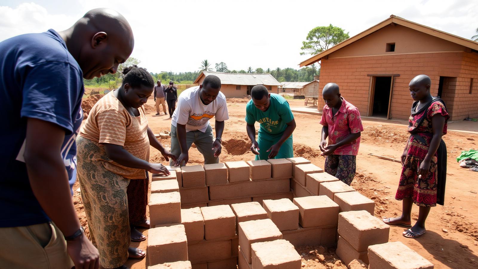 Équipe de terrain et habitants construisant ensemble une infrastructure communautaire au Cameroun