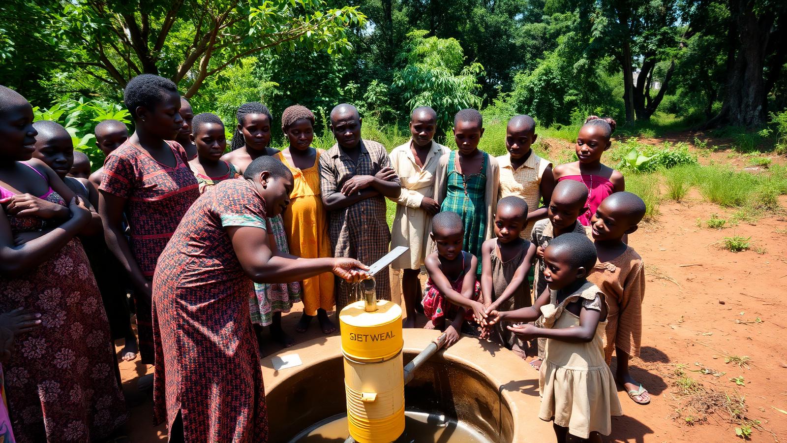 Habitants d'un village camerounais puisant de l'eau potable à un forage communautaire