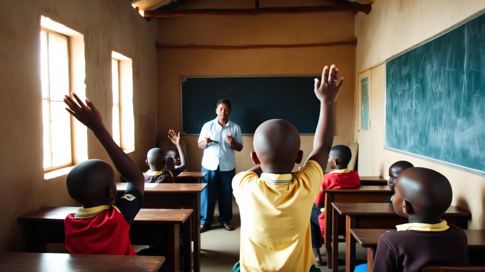 Élèves camerounais levant la main dans une salle de classe avec leur enseignant