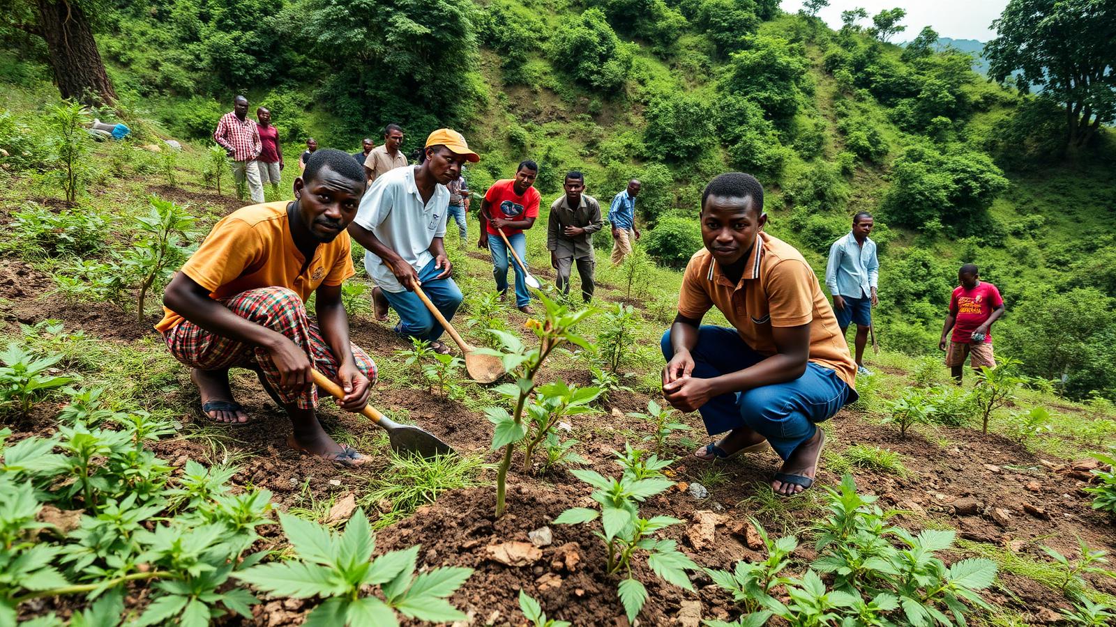 Villageois et volontaires plantant de jeunes arbres sur une colline reboisée au Cameroun