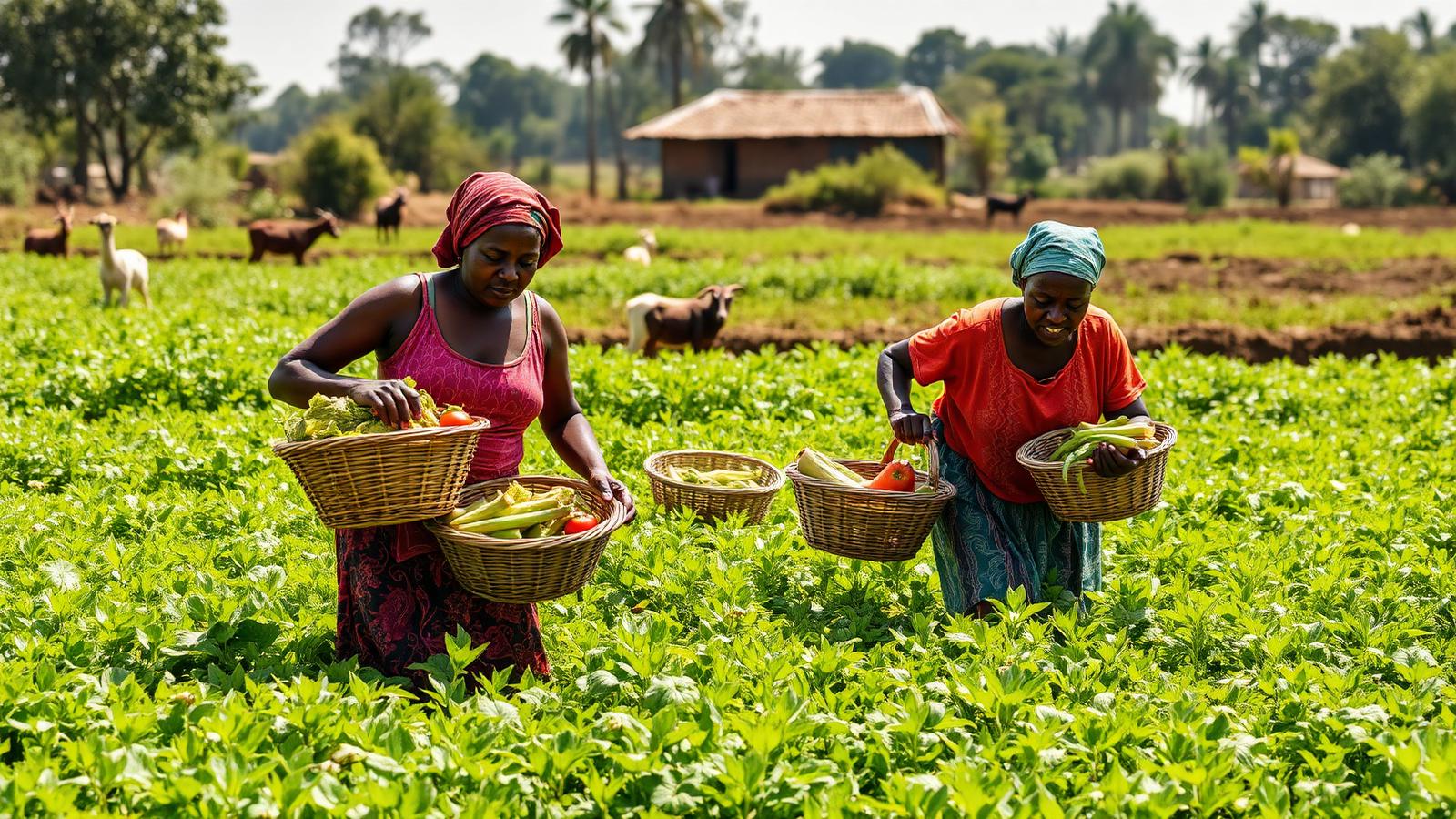 Agricultrices camerounaises récoltant des légumes dans une exploitation maraîchère