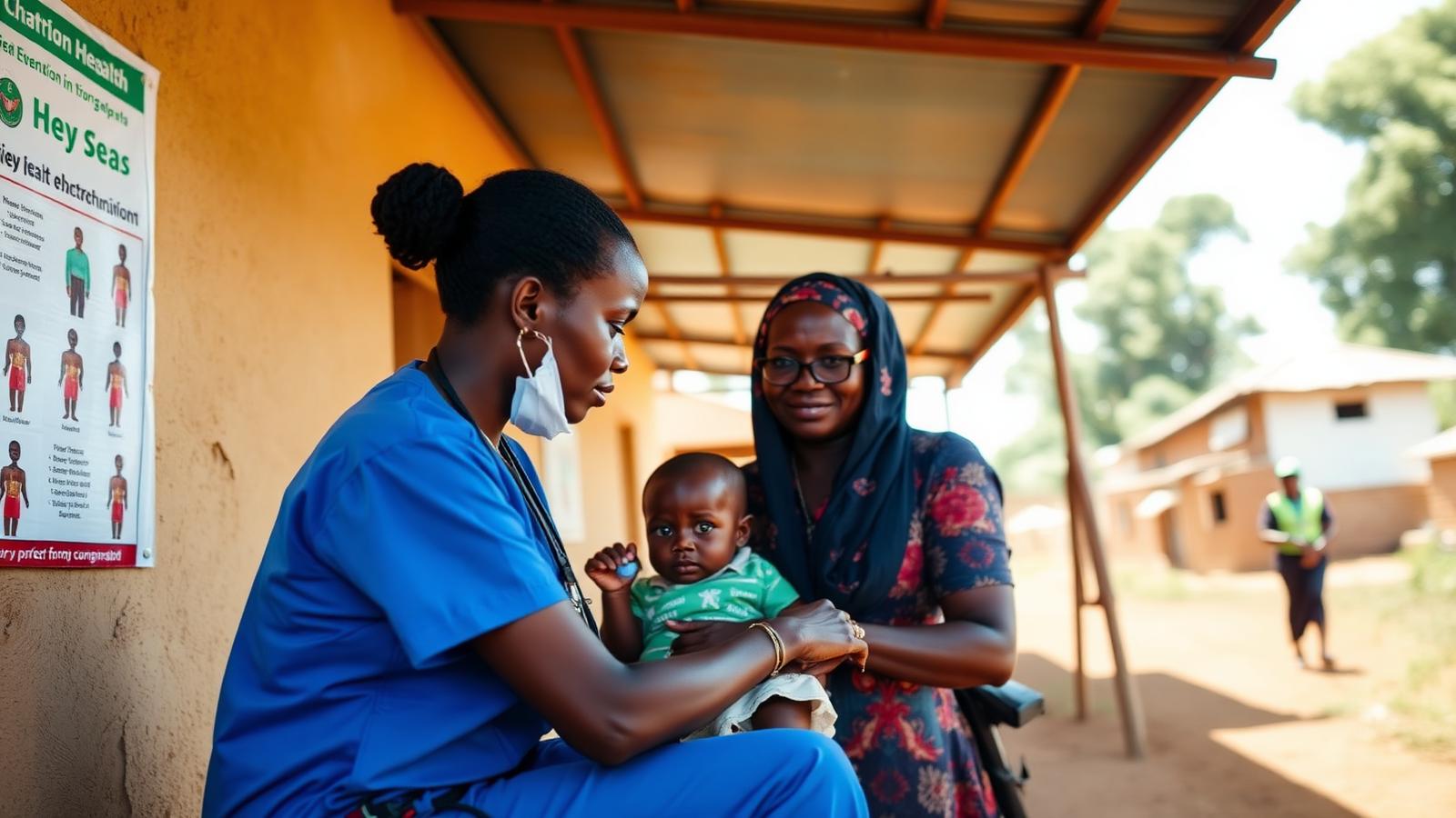 Infirmière camerounaise auscultant un nourrisson lors d'une consultation de santé communautaire