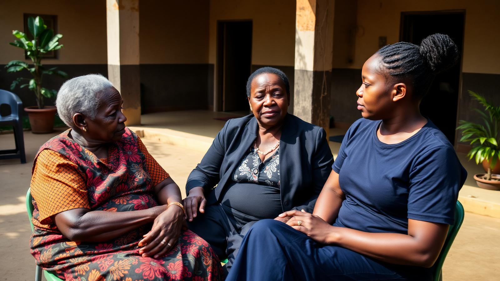 Travailleuse sociale écoutant avec respect une femme âgée dans une cour communautaire au Cameroun