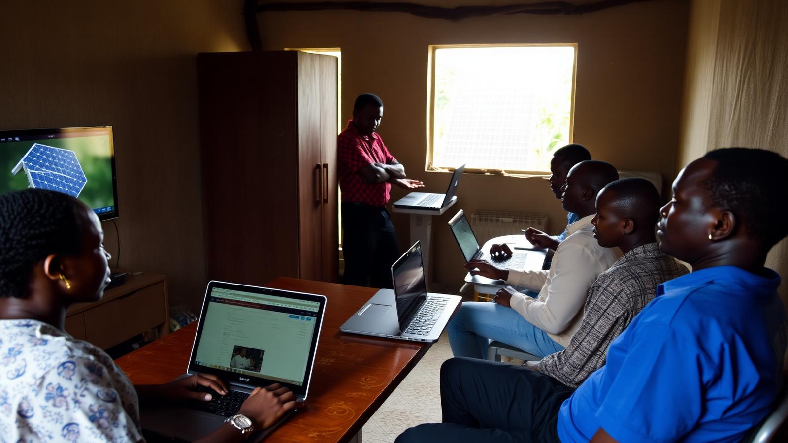 Jeunes Camerounais en formation numérique devant des ordinateurs portables