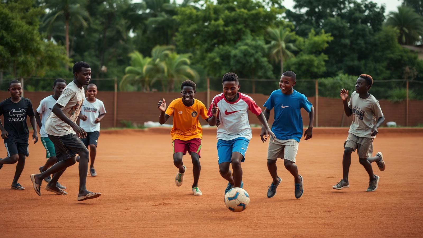 Adolescents camerounais jouant au football sur un terrain communautaire en terre battue