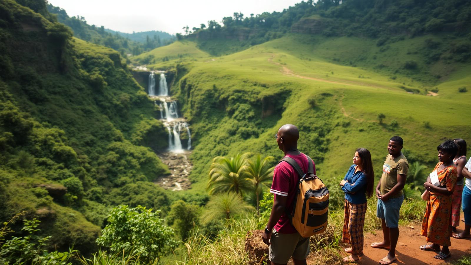 Guide local présentant un site naturel camerounais à un petit groupe de visiteurs responsables
